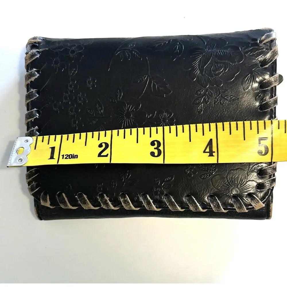 Claire's Black Floral Embossed Whipstitched Wallet Vegan Leather Trifold